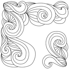 Ornate doodle patterns in swirls for corner frame, anti stress zen coloring page with waves and spirals