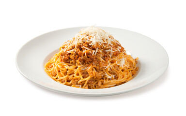 Traditional pasta bolognese on a plate isolated on white background. Close-up.