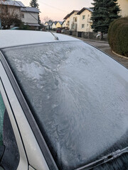 Frozen flowers on the car windshield on a residential street.