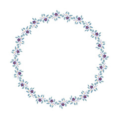 Floral wreath, branches with teal leaves and purple flowers on white. Vector illustration, design for poster, banner, invitation, book, fashion fabric, wrapping, packaging.