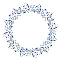 Floral wreath, branches with teal leaves and purple flowers on white. Vector illustration, design for poster, banner, invitation, book, fashion fabric, wrapping, packaging.