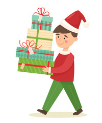Happy boy in a Christmas costume carries gifts. Vector illustration in flat style..