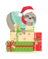 Happy and cute sloth sleeping on gifts in a scarf and Santa hat. Charming vector character. Postcards and invitations. Merry Christmas.