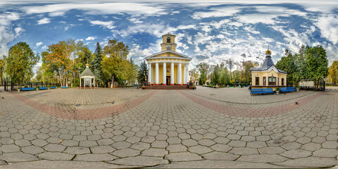 full seamless spherical hdri panorama 360 degrees angle view near entrance of old orthodox church...