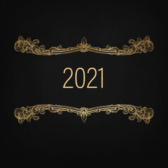 Black background with luxery golden ornaments. golden frame. Happy New Year 2021