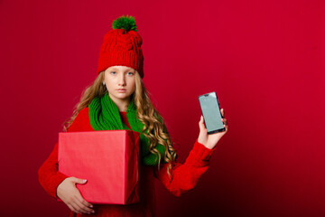 Cute teen girl on red background