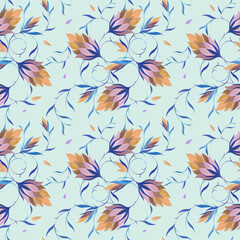 floral seamless  pattern with fantasy watercolor flowers and ornate twigs in pastel colors 