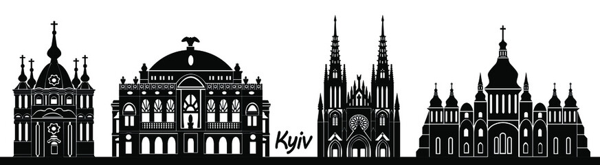  Kyiv landmarks in black colors. Isolated vector banner.