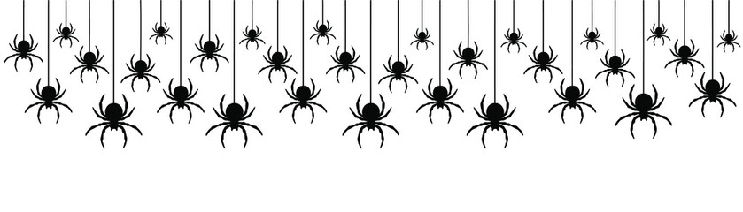 Black spiders hanging on a web. Vector banner. Use for printing, posters, T-shirts, textile drawing, print pattern. Follow other spiders patterns in my collection.