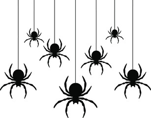 Black spiders hanging on a web. Vector banner. Use for printing, posters, T-shirts, textile drawing, print pattern. Follow other spiders patterns in my collection.