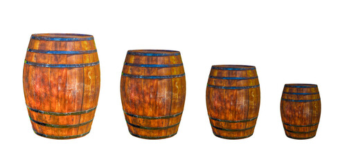 set of brown oak barrels from large to small row of containers on a white background