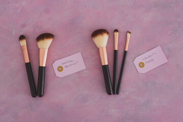 cruelty free vs animal products concept, sets of make up brushes with labels