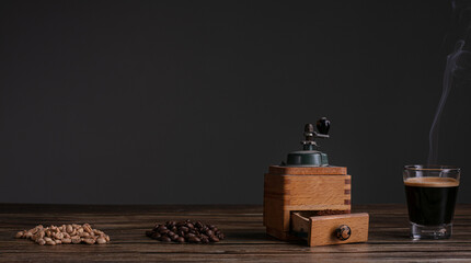 Obraz na płótnie Canvas Green coffee, roasted, ground with the grinder and espresso