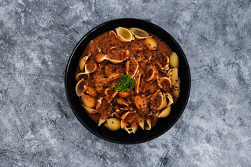 plant-based food, vegan red pesto shell pasta dish
