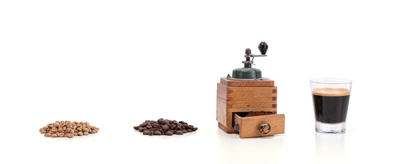 Green coffee, roasted, ground with the grinder and espresso