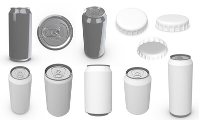 3D rendering - High resolution image white cans and crownseal cap  template isolated on white background, high quality details