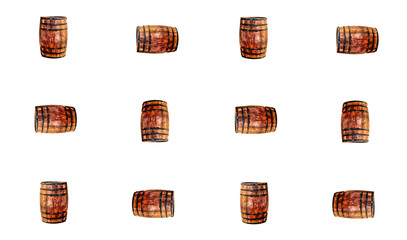 pattern oak barrels set lies and stands on a white isolated background design basis