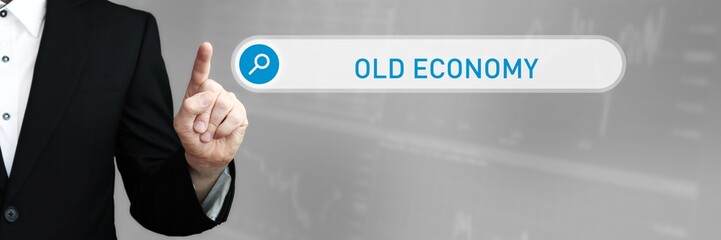 Old Economy. Man pointing with his finger at search box in internet browser. Word/Text (blue) in the search.
