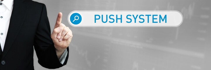 Push System. Man pointing with his finger at search box in internet browser. Word/Text (blue) in the search.
