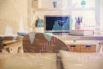 Double exposure of financial graph drawing and office interior background. Concept of stock market.