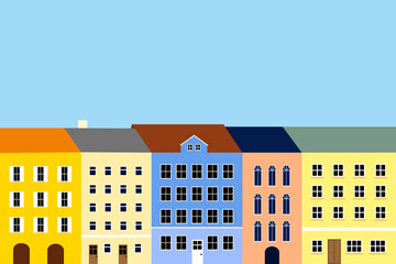 Row of buildings on a city street, European style architecture, vector illustration