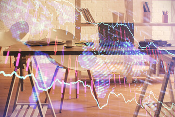 Multi exposure of stock market chart drawing and office interior background. Concept of financial analysis.