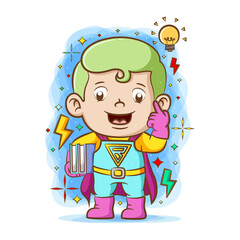 The super boy using the super suite and holding two books