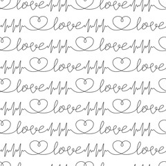Continuous line drawing. Heart and heartbeat line seamless pattern. Cardiogram. Word Love. Black isolated on white background. Hand drawn vector illustration. 