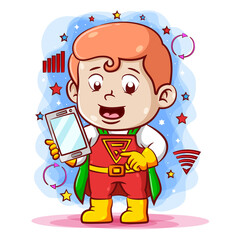 The boy using the electric super costume and holding the phone in his hand