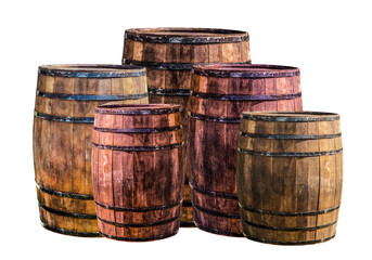 Obraz premium group of vertical barrels brown and red with iron hoops, traditionally used to store strong alcohol, rum or whiskey