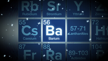 Close up of the Barium symbol in the periodic table, tech space environment.