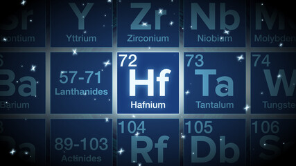 Close up of the Hafnium symbol in the periodic table, tech space environment.