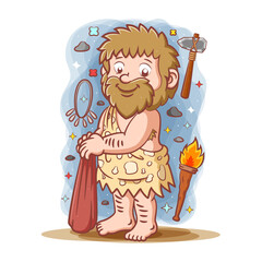 The primordial man with long hair and posing the big stone