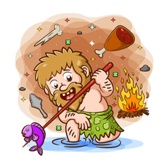 The primordial man doing for eat the fish from the river and burning it