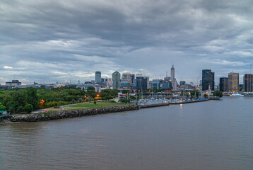 East Side skyline at harbor with nature reserve in Buenos Aires, Argentina.