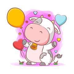 The happy cow holding the yellow balloons on the grass