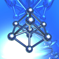 3D Illustration of Iron molecule atoms crystalline metal structure on blue background.