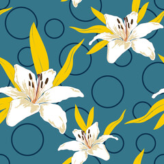 Blossom floral seamless pattern. Lily flowers with leaves scattered random. Trendy abstract vector texture. Good for fashion prints, fabric, design. Hand drawn flowers on polka dots blue background