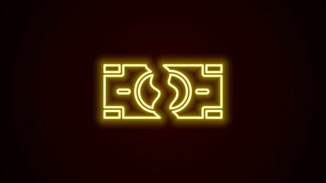 Glowing neon line Tearing apart money banknote into two peaces icon isolated on black background. 4K Video motion graphic animation