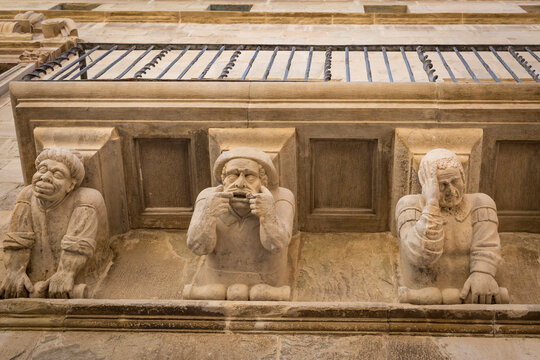 corbels under the balconies of La Paeria (Town Hall) building in Cervera city, La Segarra, Province of Lleida, Catalonia, Spain