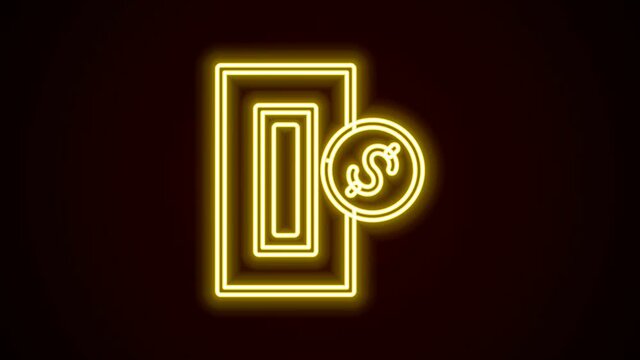 Glowing neon line Hand inserting coin to a slot on a vending machine or arcade machine icon isolated on black background. 4K Video motion graphic animation