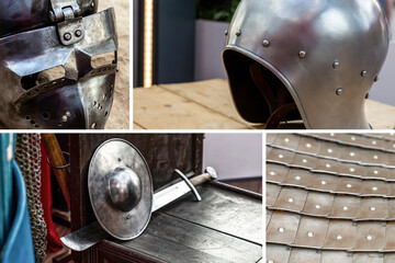 set military ammunition war and weapons, composition of an iron helmet and armor, shield and sword