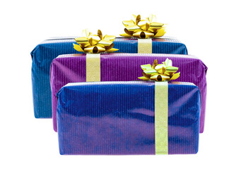 Giftbox pattern is dark blue and purple with gold bows. The side view is standing on an isolated background