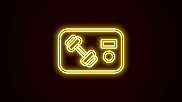 Glowing neon line Fitness club, gym card icon isolated on black background. 4K Video motion graphic animation