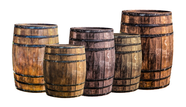 barrel a set of dark brown different volumes is used in winemaking to give a taste