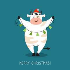 Bull with garland tree, greeting Christmas card. New Year symbol cartoon cow, buffalo or calf. Merry Christmas and happy New Year. Hand drawn animal character holidays vector