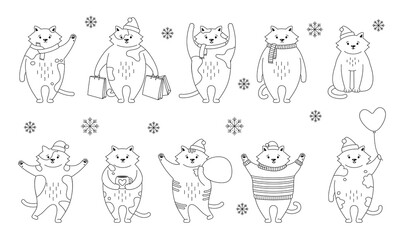 Christmas cat black line set. Collection linear kitten witn gift, purchase, sweaters. New year cats in Santa Claus hats. Hand drawn doodles cartoon character. Happy New year, merry Christmas. Vector