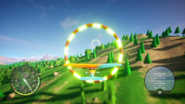 Flight simulator 3d Video Game Imitation With HUD. Plane flies through the rings at high speed.