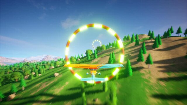 Flight simulator 3d Video Game Imitation. Plane flies through the rings at high speed.
