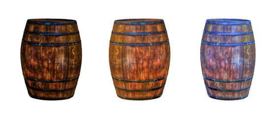 oak barrels row dark brown old and weathered on a white background
